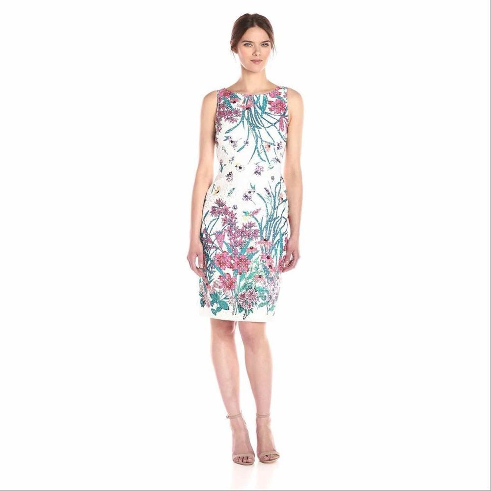 Adrianna Papell Floral‎ Eyelet Sleeveless Sheath Pencil Dress White Multi 2